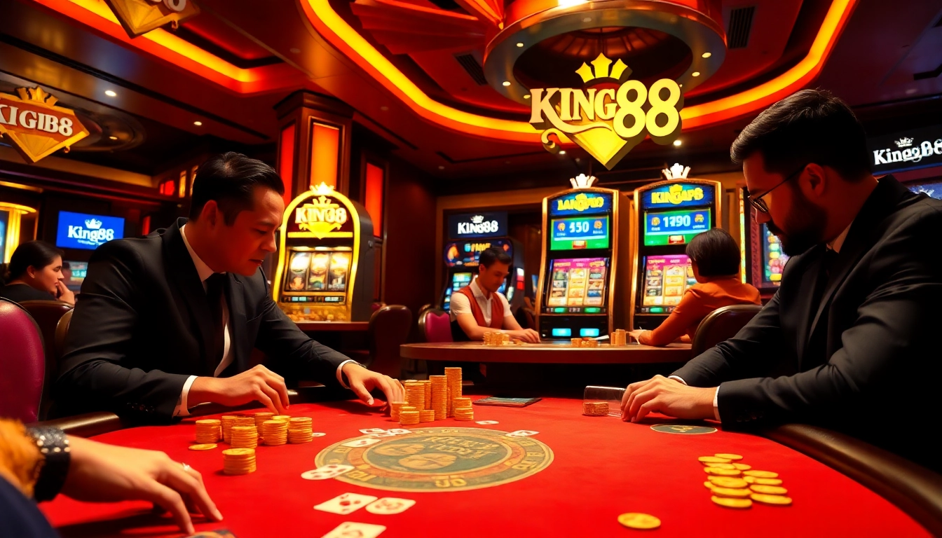 Engaging King88 casino scene showcasing poker action with vivid chips and cards.