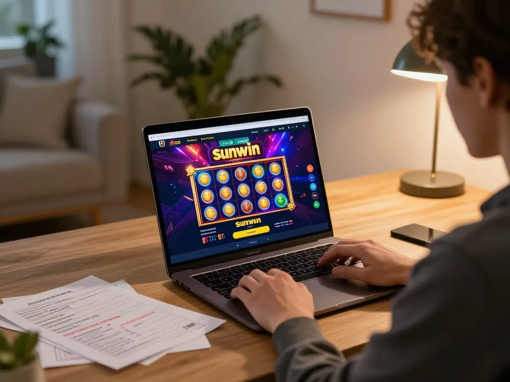 Enjoying strategic gameplay at Sunwin's online casino interface in a cozy home setting.