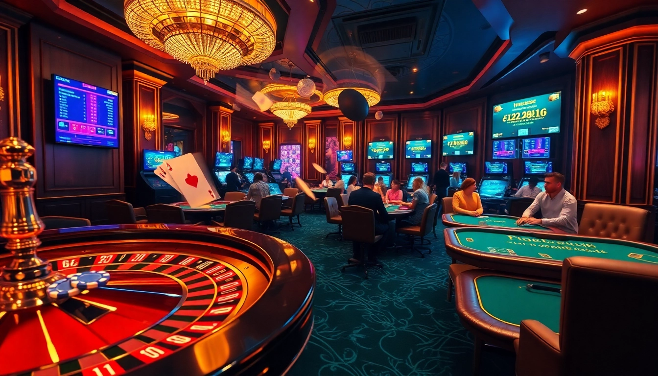 Experience the excitement of online gambling at https://f8bet.io/ with a luxurious casino scene featuring roulette and poker games.