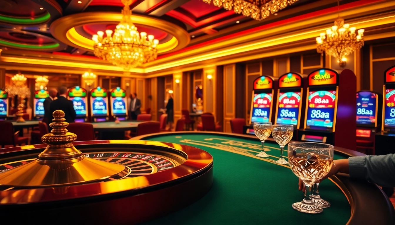 Engaging players at the luxurious 88aa casino, enjoying roulette and slot games amidst vibrant excitement.