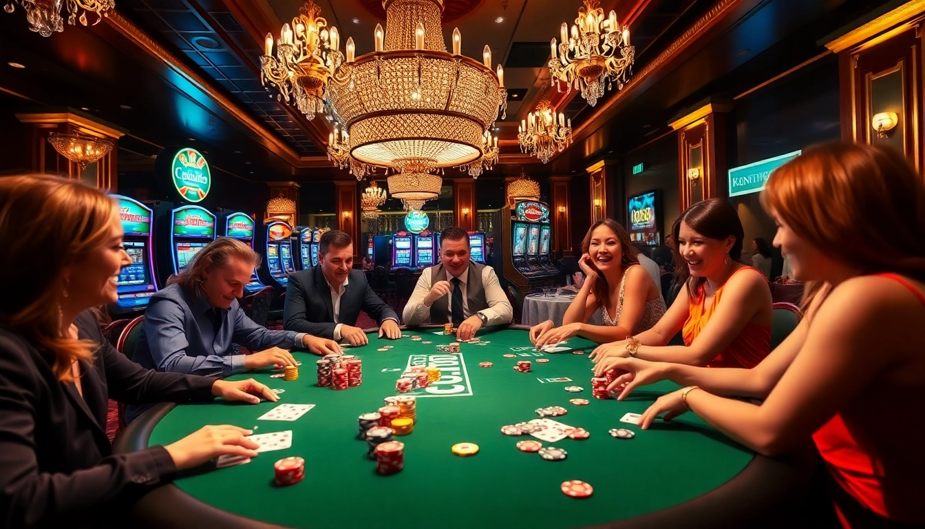 Gamblers experiencing excitement at IQ88 poker and casino tables with colorful chips and cards.