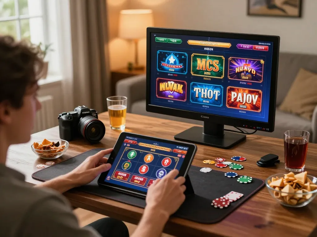 Engaging in online gaming at home, showcasing nhacaiuytinn with a tablet displaying poker games.