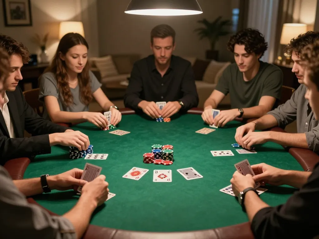 Players strategizing at a Go99 poker table during a home game night.