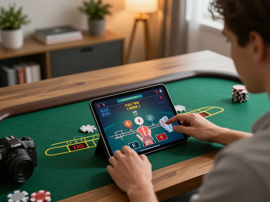 Player engaging with live dealer blackjack on a tablet, showcasing nk88 immersive casino experience at home.