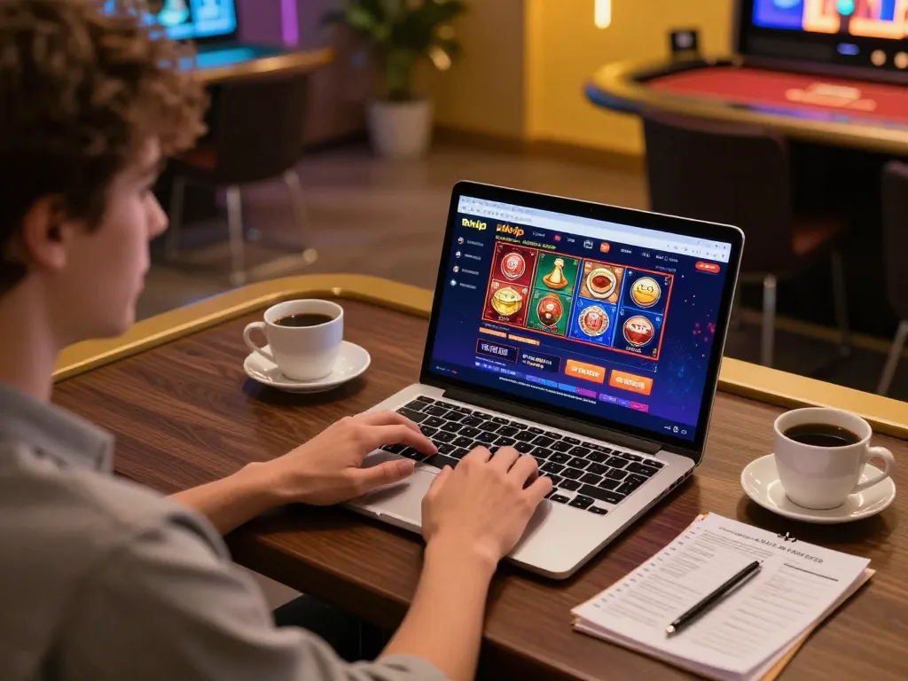 Engaged player exploring rikvip online casino gaming on their laptop with vibrant interface.