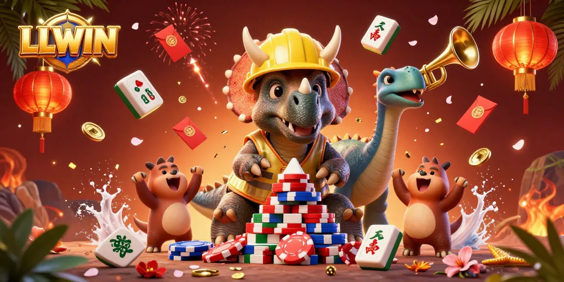 LLWIN builds excitement with a 3D illustration showing a triceratops celebrating as it stacks poker chips, emphasizing casino energy.
