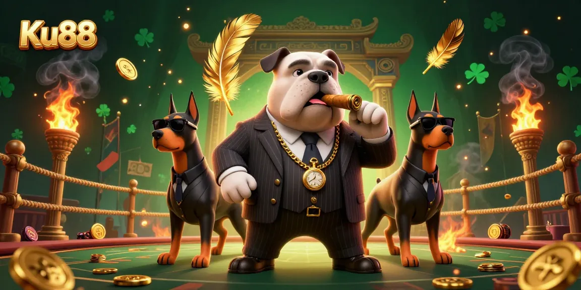 Ku88 betting strategies illustrated with a mafia boss and bodyguards amid dynamic casino elements.