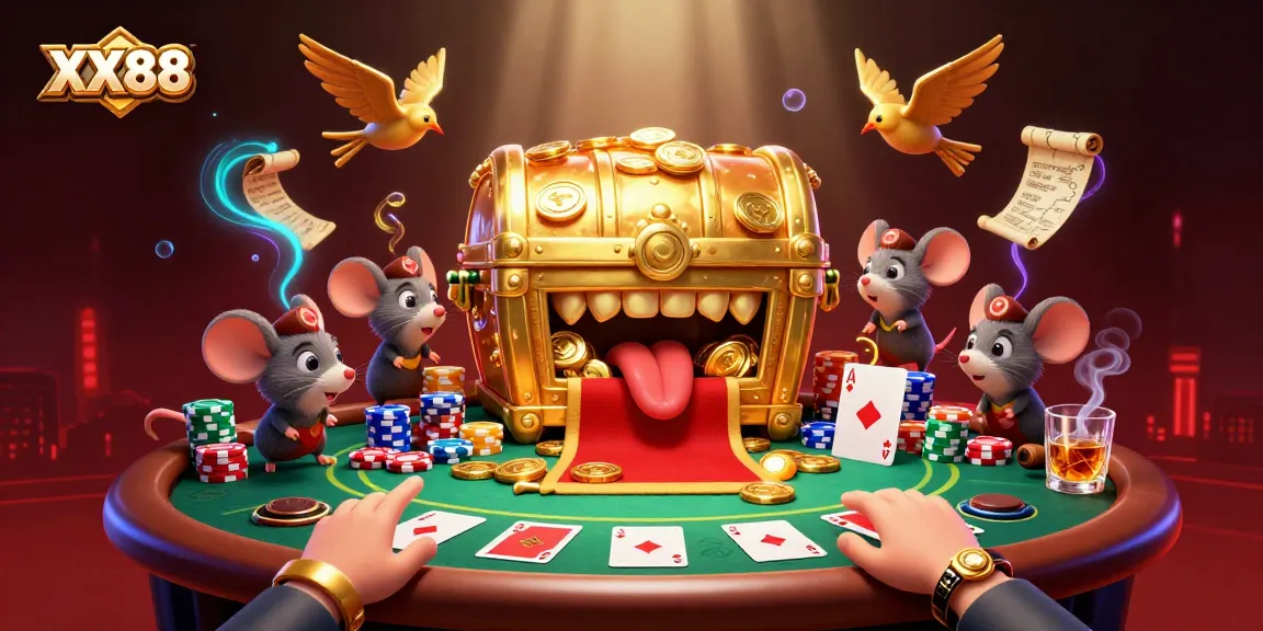 Engage with thrilling poker games at XX88, featuring lavish 3D illustrations of treasure and excitement.