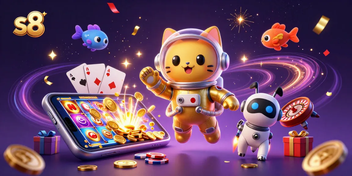 Experience the thrill of s8 with a vibrant 3D gaming scene of an astronaut cat and prizes!