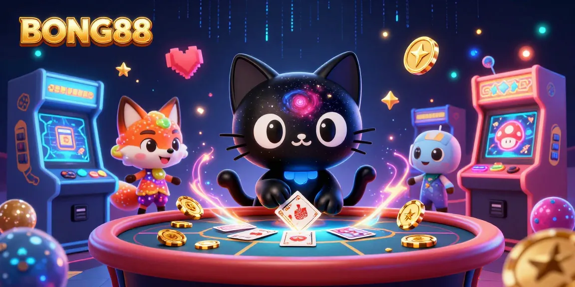 BONG88 offers a captivating cosmic casino experience with a black hole cat and colorful nebula fox drawing in golden chips and cards.