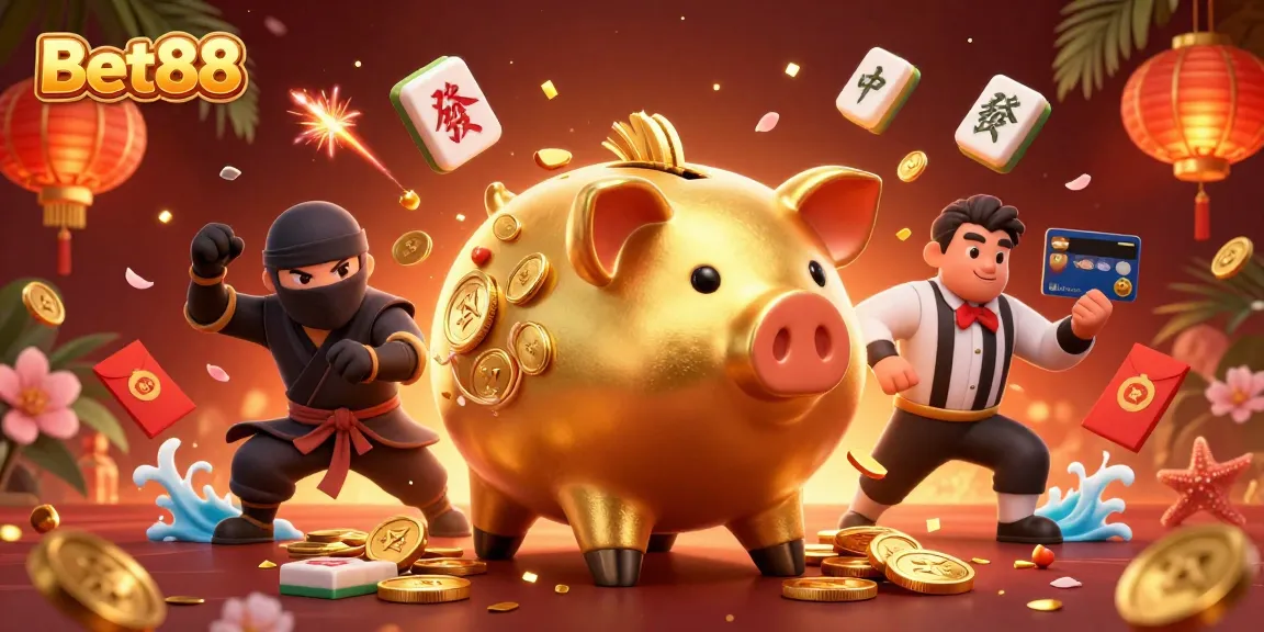Experience thrilling action at Bet88 with a golden piggy bank sumo wrestler and dynamic casino elements
