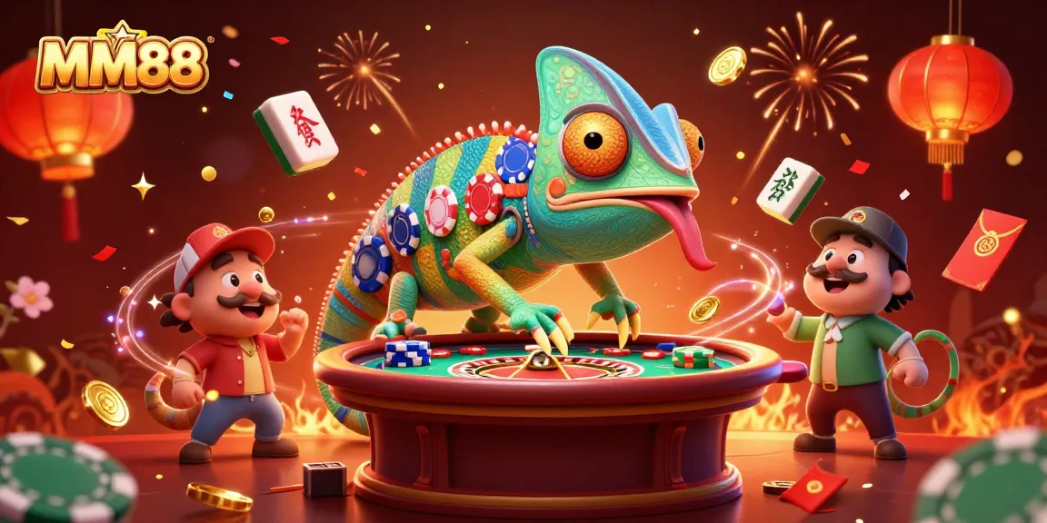 Experience the immersive world of MM88 with the dynamic chameleon casino owner and vibrant celebratory elements.